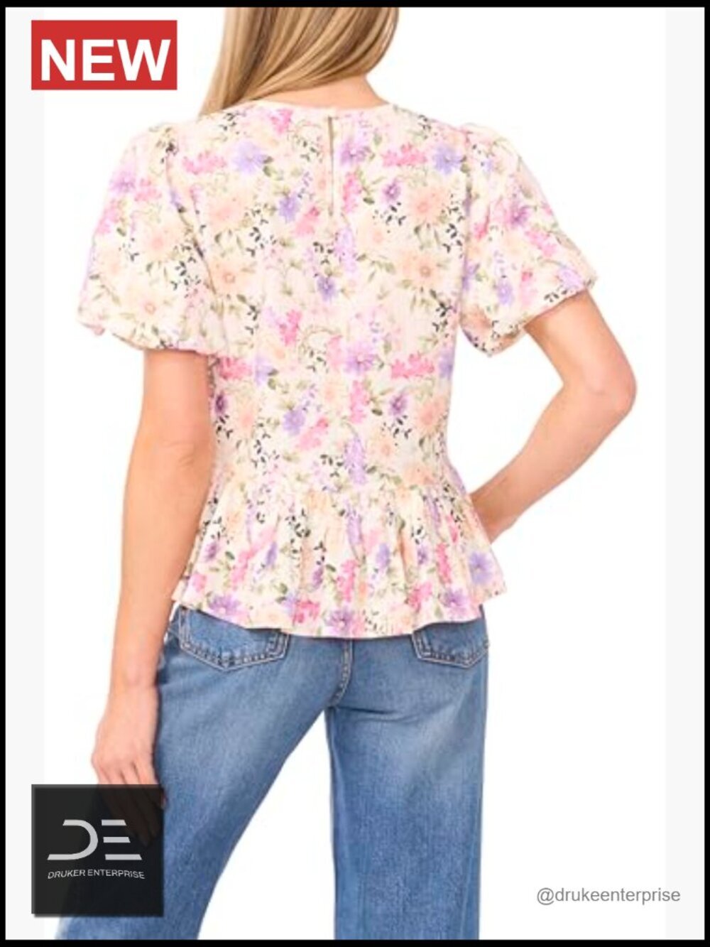 Floral Puff Sleeve Crew Neck Peplum Top Blouse - Picture 2 of 6